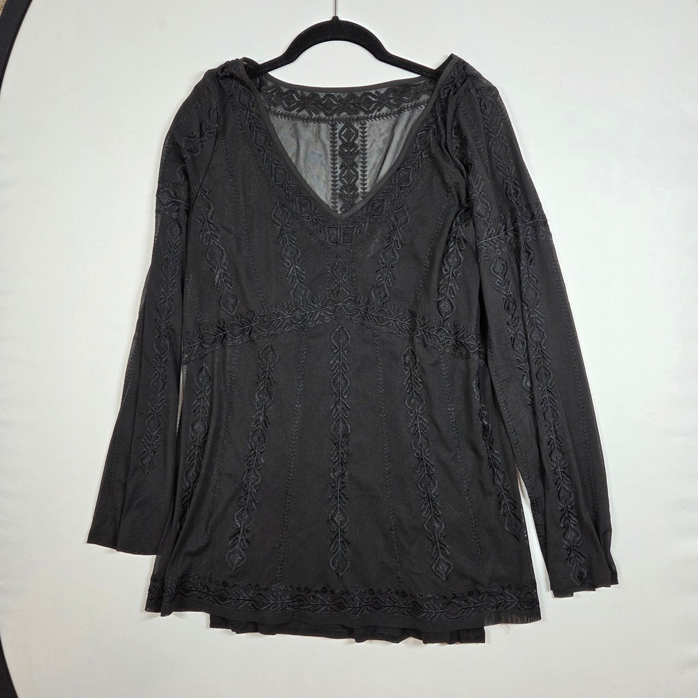 White House Black Market Black Embroidered Mesh Tunic Top V-Neck Large Boho